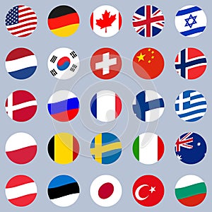 Flag icon set. Round or circle waving Flags of different countries of the World. Vector illustrations.